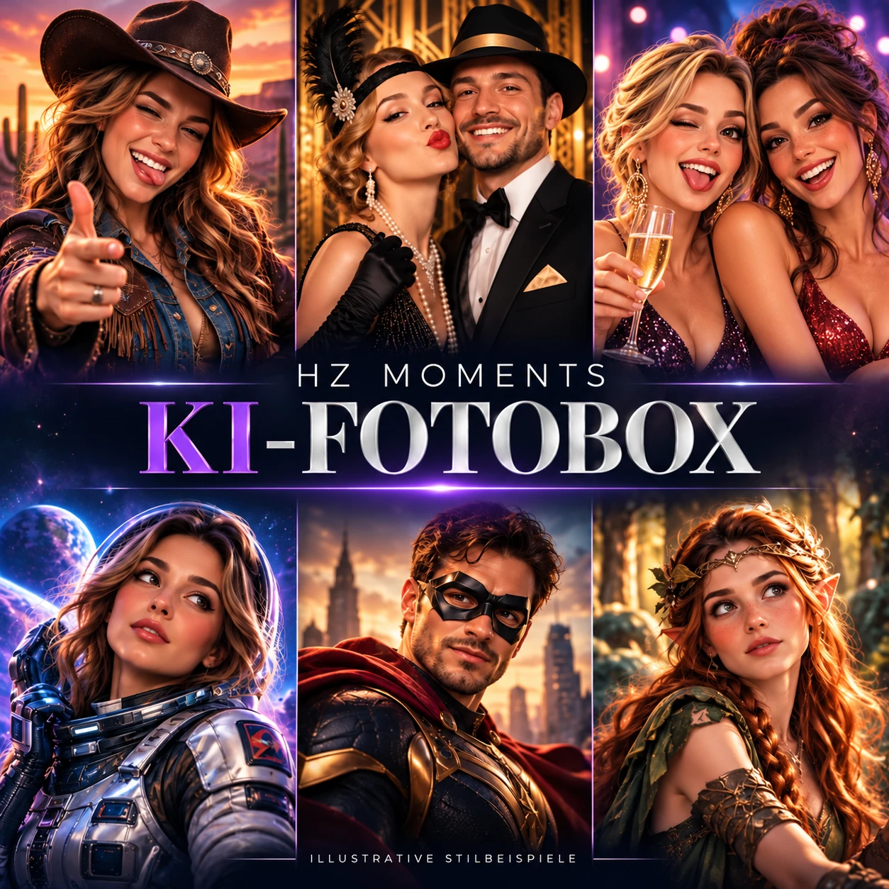 Illustrative KI-Stilbeispiele mit Erwachsenen: Western, Glamour, Weltraum und Fantasy