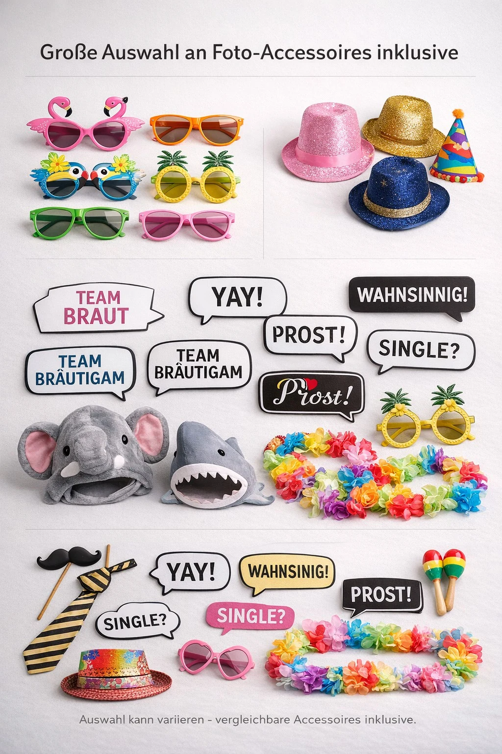 Umfangreiche Fotobox Requisiten mit Brillen Hüten Schildern und Accessoires