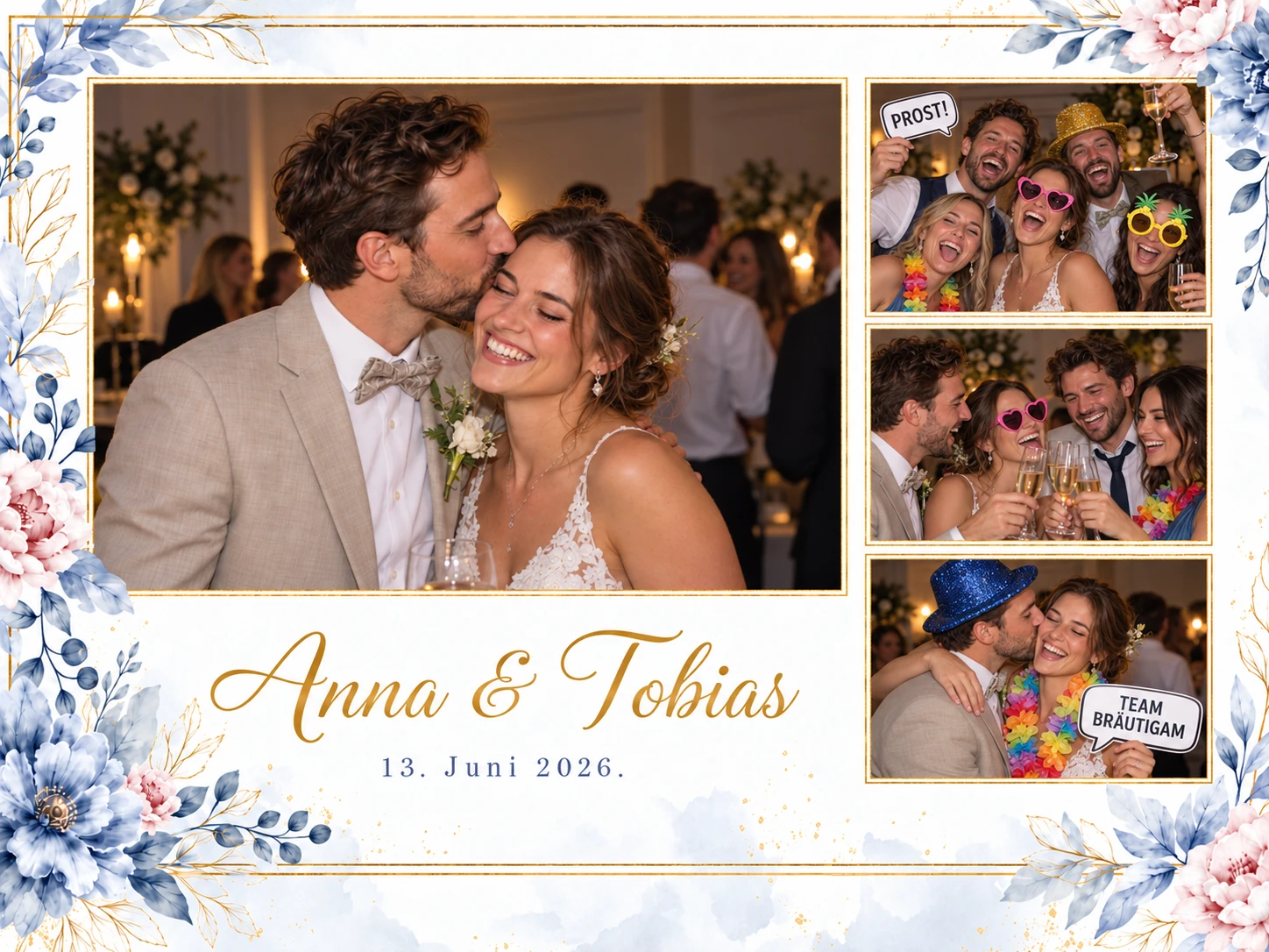 Florales HZ Moments Fotobox Layout mit mehreren Hochzeitsfotos