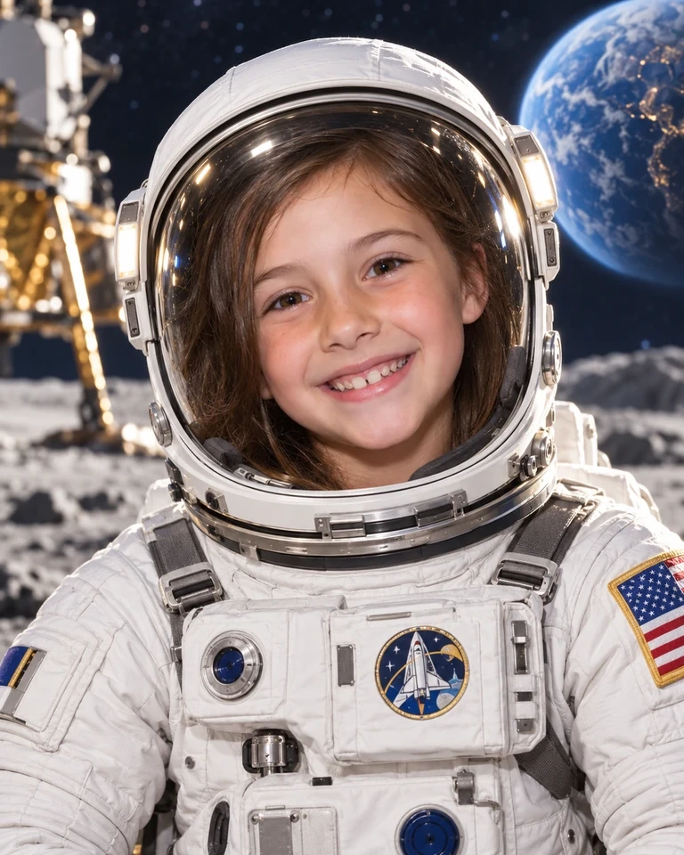 KI-Stilbeispiel: Dasselbe Mädchen als Astronautin auf einer Mondmission