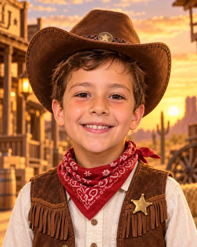 KI-Stilbeispiel: Derselbe Junge als Cowboy in einer Westernstadt