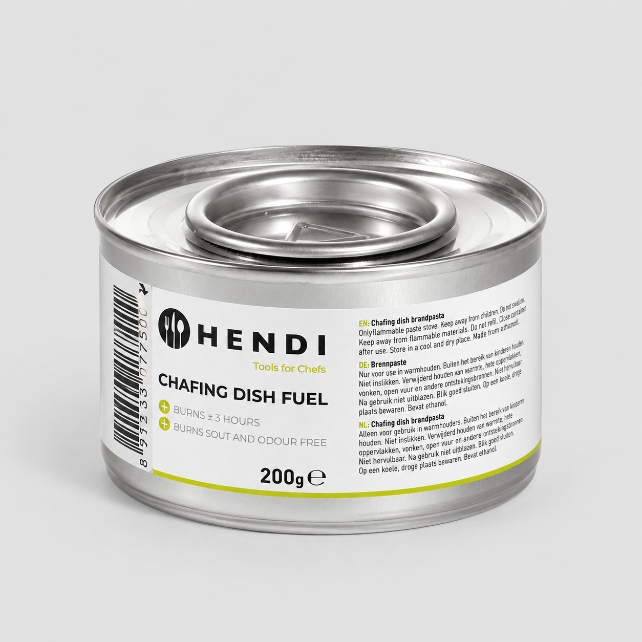 Tin can of Hendi chafing dish fuel (200 g) with labeled front and barcode visible on the side