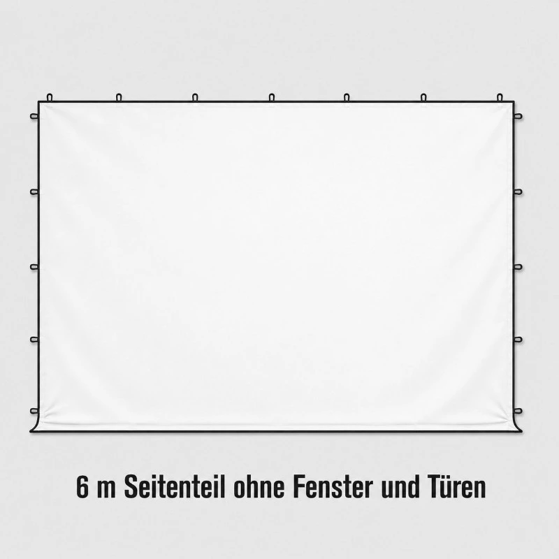 White 6 m side panel for a tent, with eyelets around the edges; text on the image reads '6 m Seitenteil ohne Fenster und Türen' (no windows or doors).
