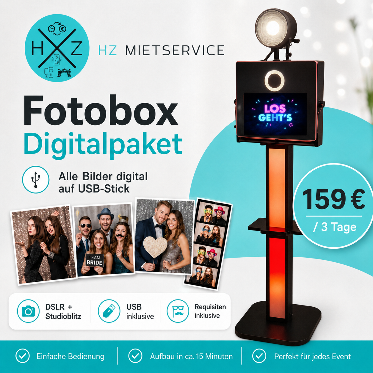 Fotobox-Digitalpaket von Hz Mietservice: roter Fotoautomat mit Ringlicht, Preis 159 € / 3 Tage, Collage von Partyfotos im Hintergrund.