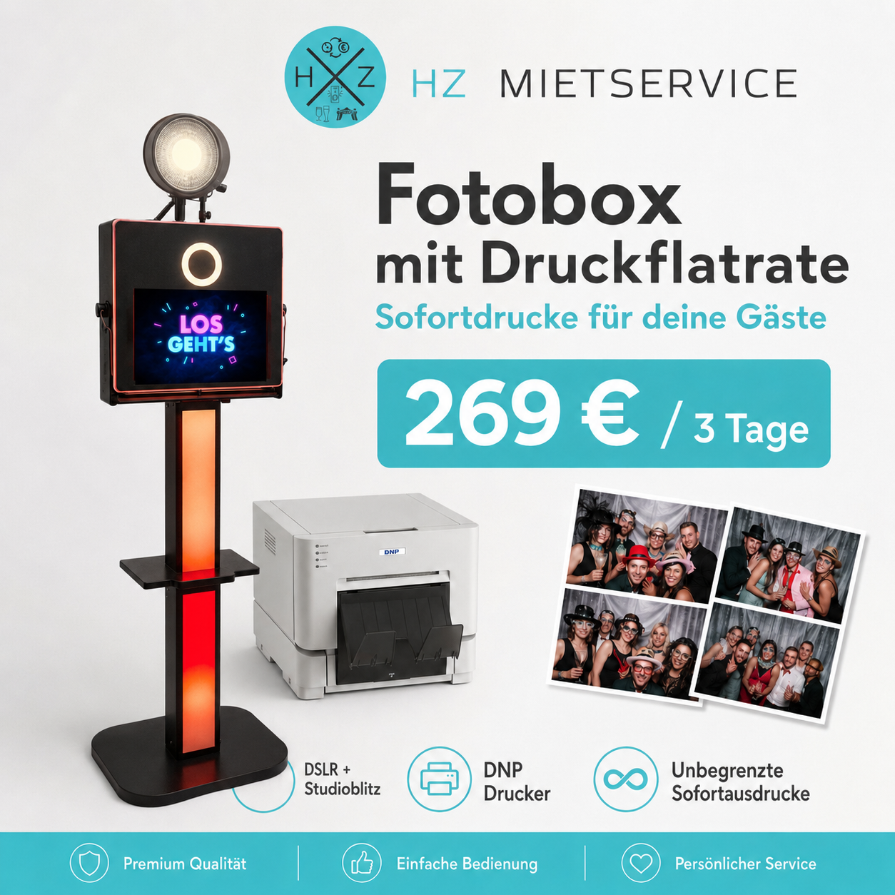 Premium Fotobox in Bonn mieten inkl Druckflatrate - HZ Mietservice GbR Fotobox-Display mit Druckflatrate 269 €/3 Tage, weiße Hintergrundbanner und Fotoprints daneben, Kamera-Setup links.