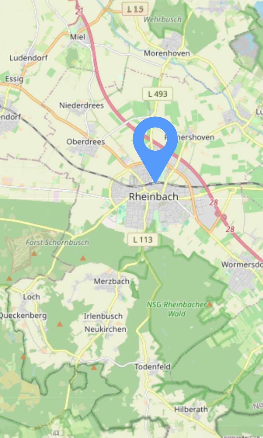 Karte mit Rheinbach und umliegenden Orten wie Meckenheim, Swisttal, Wachtberg, Alfter, Bornheim und Euskirchen