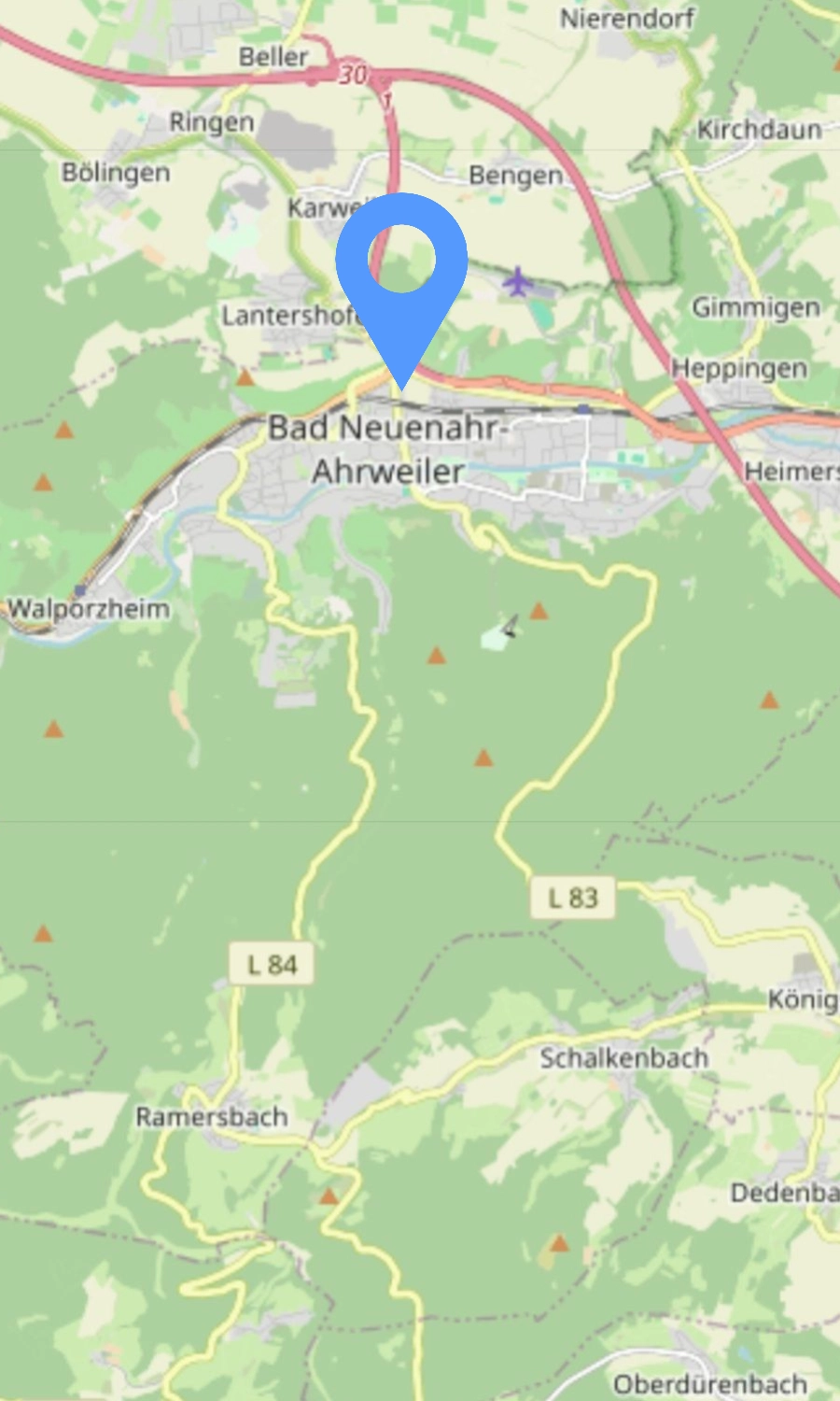 Karte mit Bad Neuenahr-Ahrweiler, Grafschaft und umliegenden Orten im Ahrtal