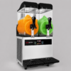 Dual-hopper slush machine dispensing orange and green slush with black lids and silver body, glossy controls, and a dual drip tray below