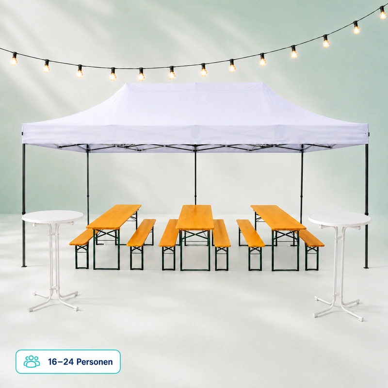 White canopy tent over wooden picnic tables and benches, with string lights above, for 16–24 people.