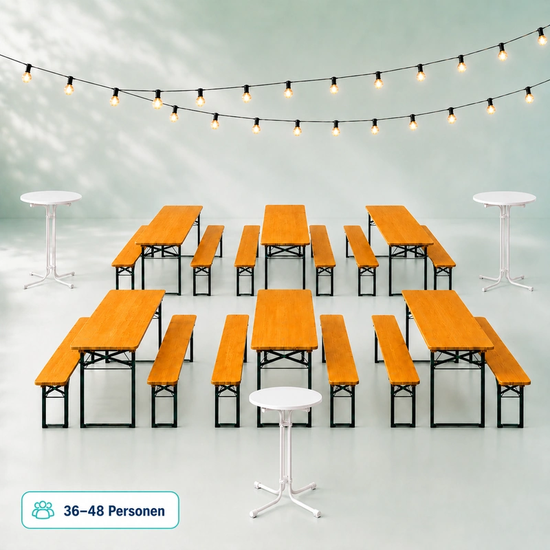 Gartenparty Paket für 48 Personen mit Bierzeltgarnituren und Stehtischen