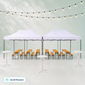 Two white pop-up tents with long wooden benches under string lights in a bright event space; capacity up to 48 people (bis 48 Personen).