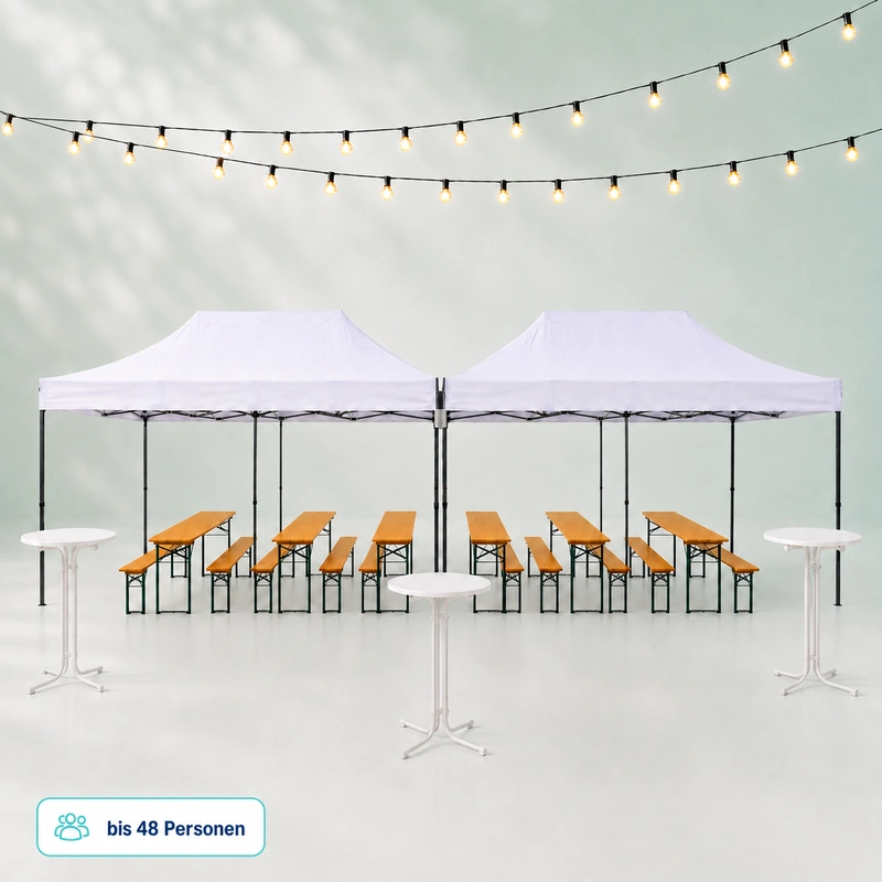 Wetterfestes Gartenparty Paket für 48 Personen mit zwei Faltpavillons
