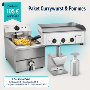 Commercial image showing a stainless steel fry station, grill, and grinder with a price tag for a currywurst & pommes package.