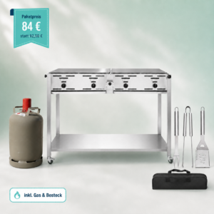 Stainless steel outdoor gas grill on a cart with a propane tank and grilling tools nearby; price tag shows Paketpreis 84 € statt 92,50 €.