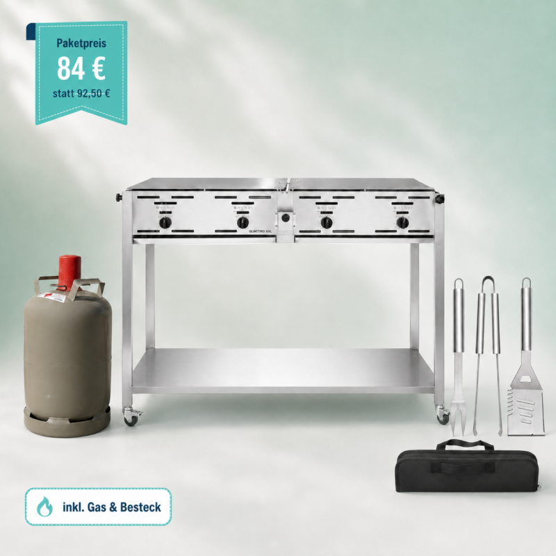 Paket Profi-Griller mieten - HZ Mietservice GbR Stainless steel outdoor gas grill on a cart with a propane tank and grilling tools nearby; price tag shows Paketpreis 84 € statt 92,50 €.