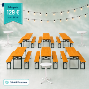 Event setup with wooden benches and tables arranged in rows under string lights for 36–48 people; price tag shows 129€ statt 143€ (Germany).