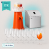 Promotional party drink station with orange beverage dispenser, ice bucket, stainless cooler, and 18 wine glasses; price 77€ statt 87,50€; includes 18 glasses