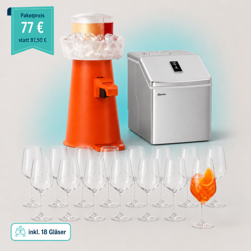 file_000000004c04720a95743215af25e2c3 - HZ Mietservice GbR Promotional party drink station with orange beverage dispenser, ice bucket, stainless cooler, and 18 wine glasses; price 77€ statt 87,50€; includes 18 glasses