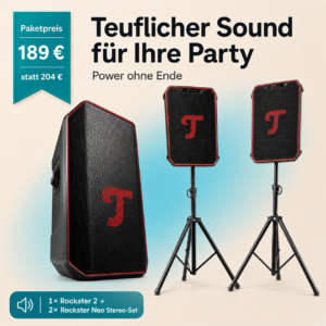 Teuflischer Sound für Ihre Party: drei Lautsprecher auf Ständern und ein Subwoofer; Preis 189€ statt 204€; Bundle-Angebot unten links.
