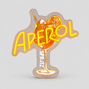 Neon sign shaped like a glass of Aperol Spritz with orange slices and the word APEROL in bright yellow-orange letters