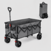 Gray collapsible utility wagon with black frame, tall handle, side pockets, and large wheels; folded version visible in background.