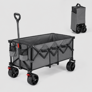 Gray collapsible utility wagon with black frame, tall handle, side pockets, and large wheels; folded version visible in background.