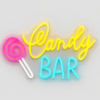 Neon sign reading 'Candy Bar' with a pink lollipop on the left.