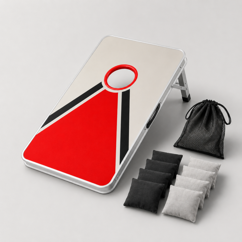 Cornhole Wurfspiel mieten - HZ Mietservice GbR Portable cornhole game board with red geometric design, set up at an angle with a black drawstring bag and rows of gray and black bean bags nearby.