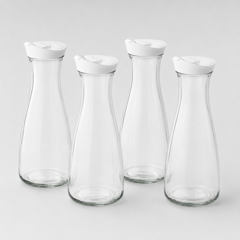 Glaskaraffen 1l mieten in Bonn - HZ Mietservice GbR Four tall, clear glass bottles with white caps arranged together against a light gray background.
