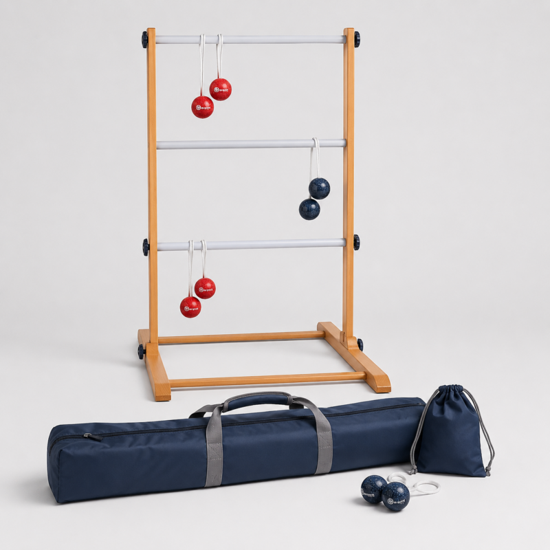Leitergolf Wurfspiel mieten - HZ Mietservice GbR Wooden exercise frame with three crossbars and red and blue bolas hanging from cords; includes a navy carry bag and small pouch on the floor.