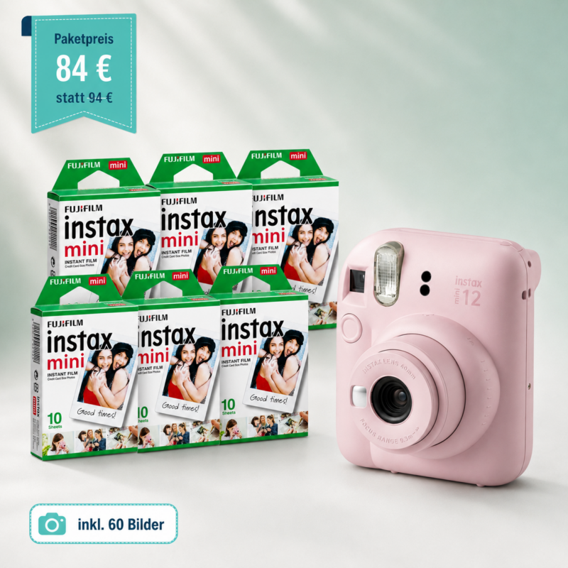 Paket Sofortbildkamera Polaroid mieten - HZ Mietservice GbR Promo: pink Fujifilm Instax mini camera with six packs of Instax mini film; price 84€ statt 94€; inkl. 60 Bilder.