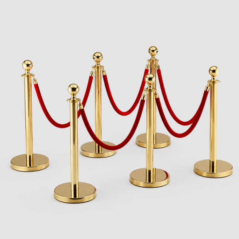 Golden stanchions connected by red rope barriers forming a queue or barrier setup.