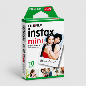 Fujifilm Instax Mini instant film box with a green top and a photo of two smiling people on the front, labeled 10 sheets.
