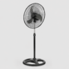 Pedestal fan with a circular mesh guard, adjustable metal pole, and a round weighted base in black/gray tones