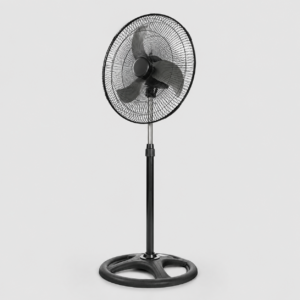 Pedestal fan with a circular mesh guard, adjustable metal pole, and a round weighted base in black/gray tones