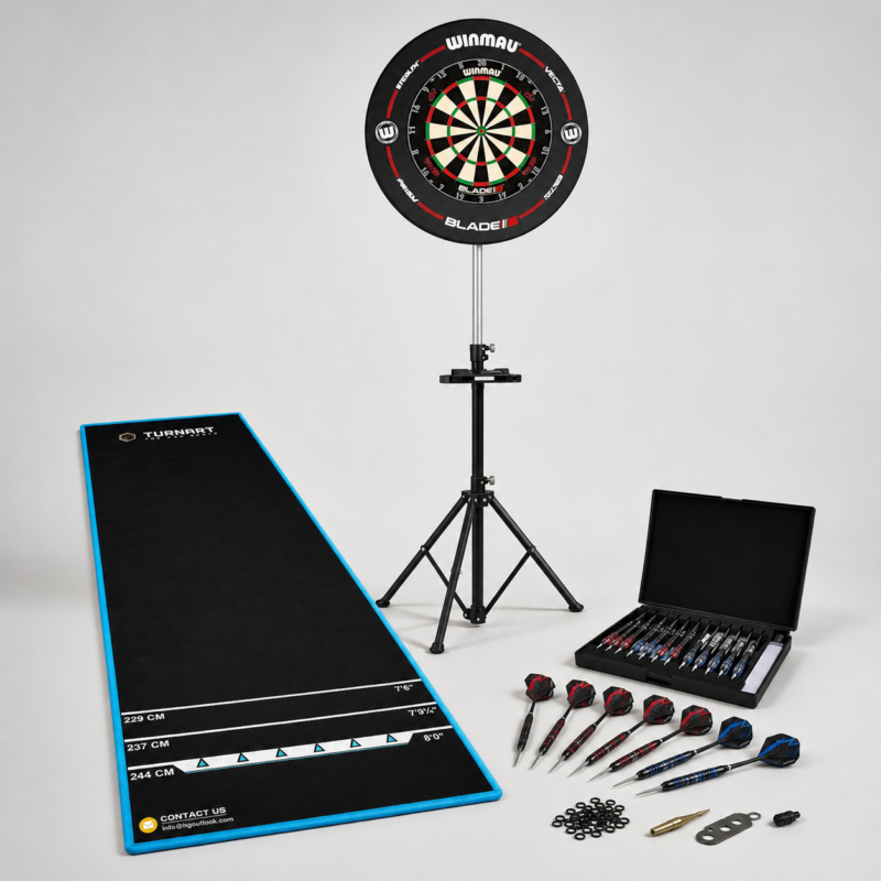 Steel-Dart Set im Paket mieten in Bonn - HZ Mietservice GbR Dartboard on a stand with darts and accessories, a training mat on the left, and a darts case open on the right in a studio setting.