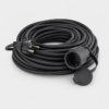 Coiled black power extension cord with a two-pin plug and a round weatherproof outlet with a protective cap.