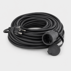 Coiled black power extension cord with a two-pin plug and a round weatherproof outlet with a protective cap.