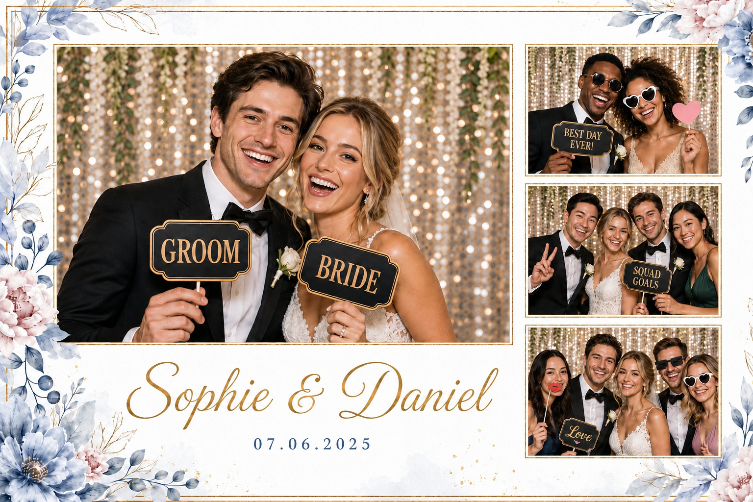 Elegantes Fotobox Hochzeitslayout mit Namen Datum und mehreren Bildern