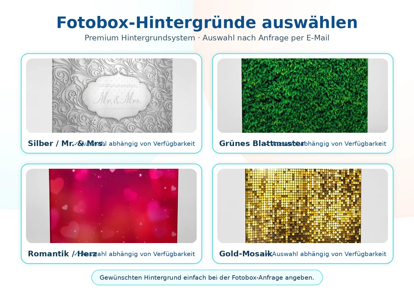 Auswahl verschiedener Premium Fotobox Hintergründe für Hochzeit Geburtstag Firmenfeier und Events