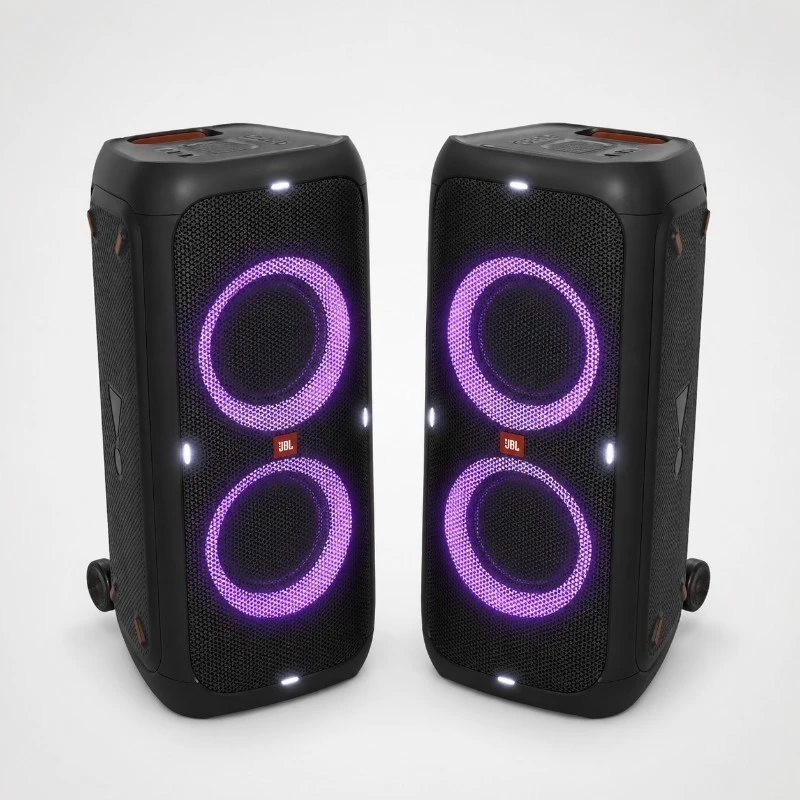 Pair of black JBL portable speakers with purple LED ring lights facing forward, standing side by side on a white background.