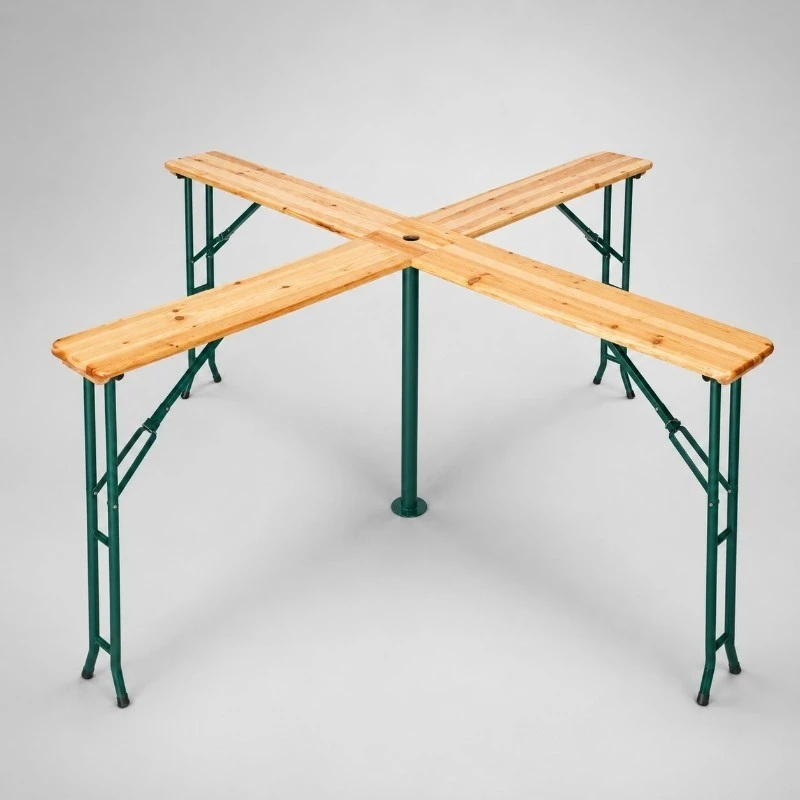Stehtisch Quattro mieten - HZ Mietservice GbR Outdoor wooden picnic table with four benches arranged in an X shape around a central supporting post with green metal legs.