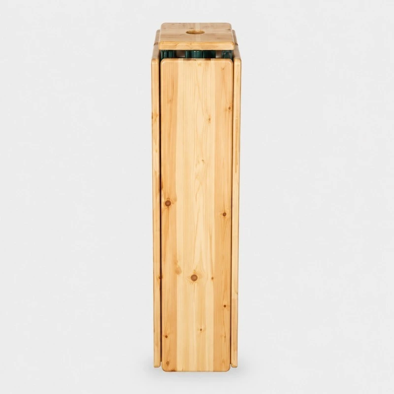 Stehtisch X-Form mieten in Bonn - HZ Mietservice GbR Tall, narrow wooden storage box with vertical slats and a circular hole on top, set against a light background.