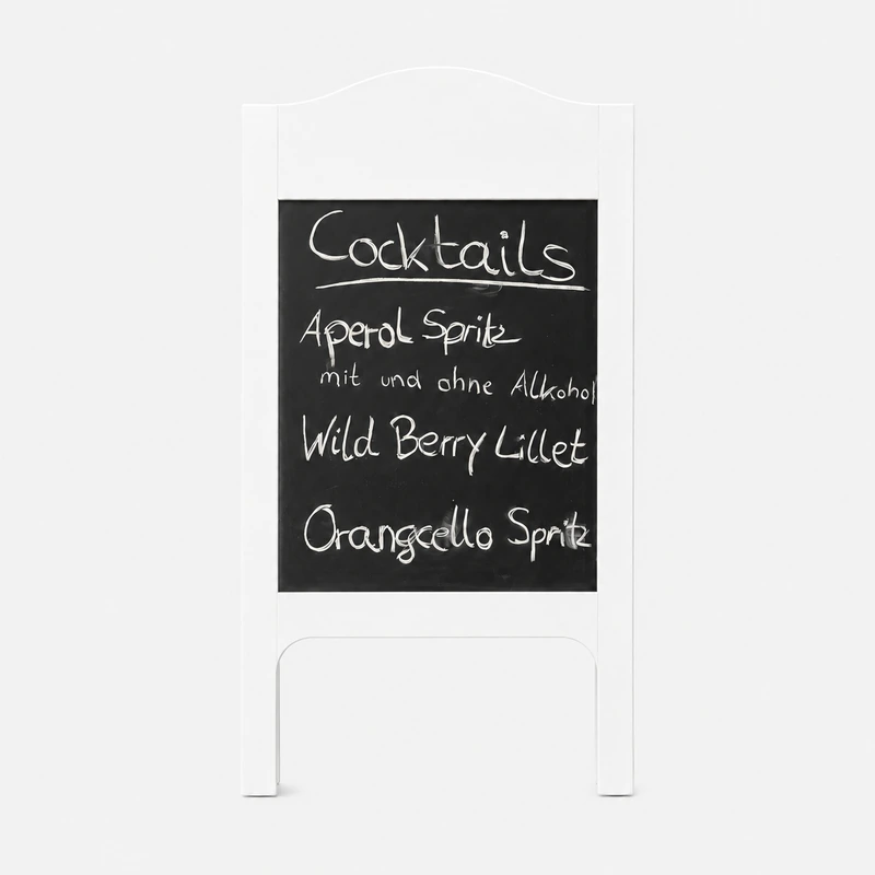 cocktailtafel-a-rahmen-weiss-frontansicht-hz-mietservice - HZ Mietservice GbR White freestanding chalkboard menu on a light background, listing cocktails: Aperol Spritz (with and without alcohol), Wild Berry Lillet, Orangecello Spritz.