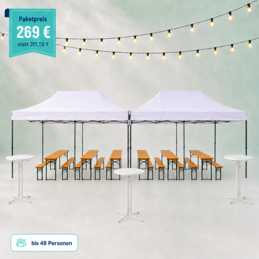 Gartenparty Paket für 48 Personen mit zwei Faltpavillons