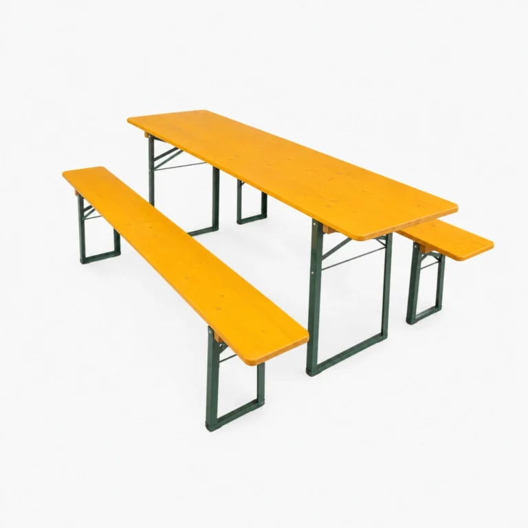 Yellow wooden picnic table with two attached benches and a green metal frame on a white background, viewed from an angled perspective.
