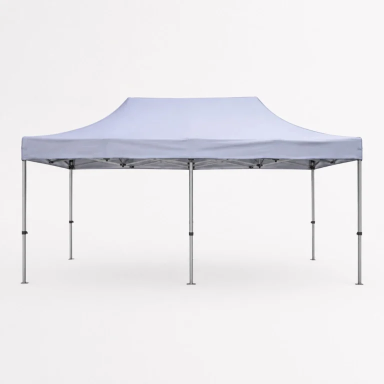 Blue pop-up canopy tent with a metal frame and no sides, set against a neutral backdrop.