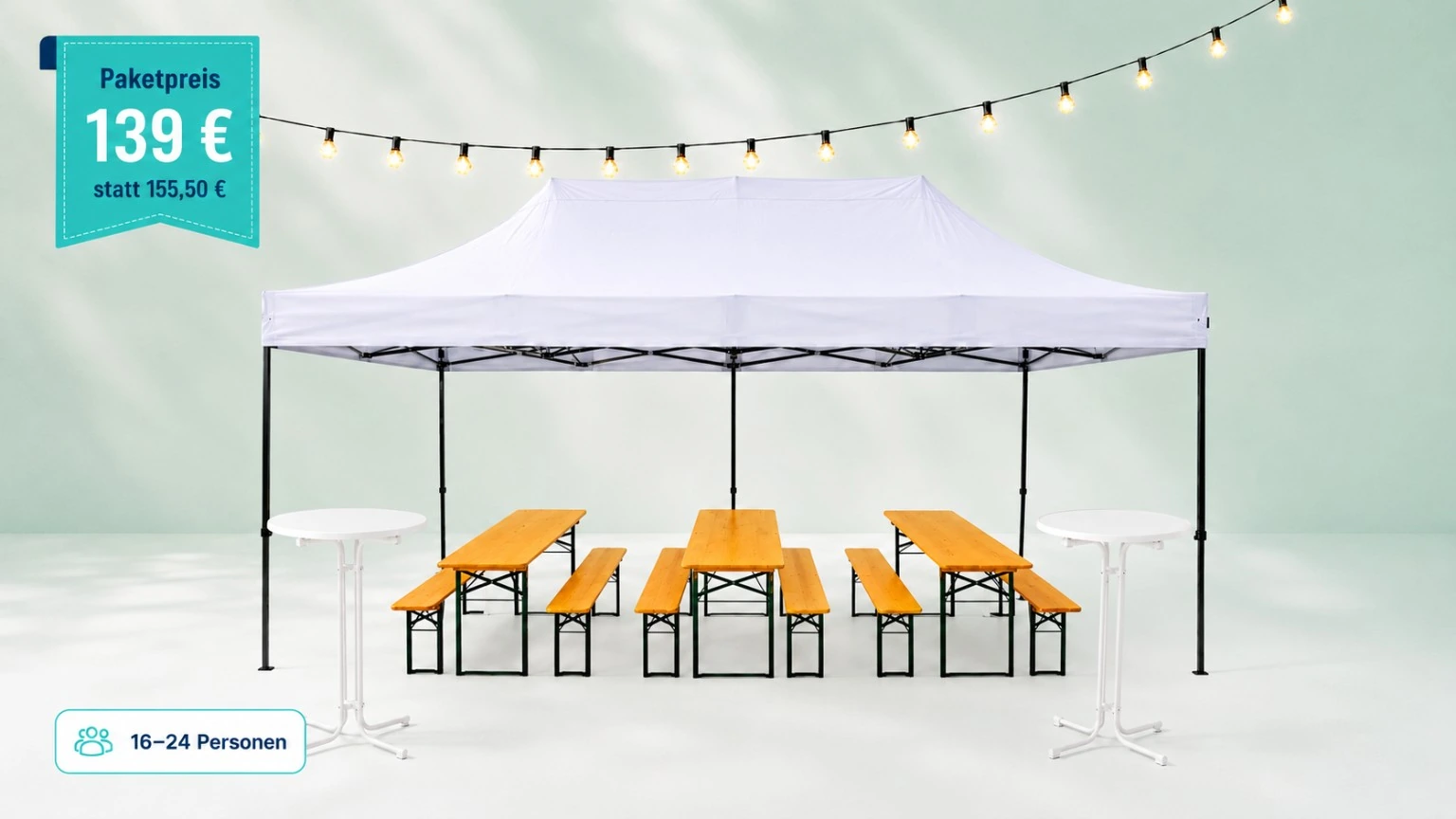 White pop-up event tent with wooden benches and tables under string lights, set up for a gathering; teal promotion badge in top-left reads Paketpreis 139 € statt 155,50 €, bottom-left shows 16–24 Personen capacity.