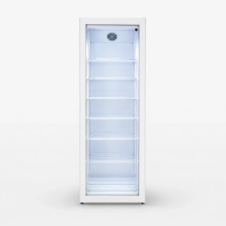 Tall white upright display refrigerator with multiple metal shelves and a cooling fan at the back top, currently empty.