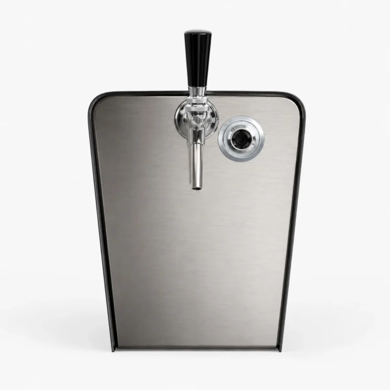 Close-up of a polished beer tap with black handle mounted on a brushed stainless steel panel, ready to dispense.